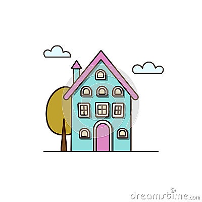 Vector big symmetric blue urban house with chimney icon. Vector house with tree and white clouds icon Vector Illustration