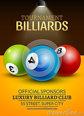 Vector Billiard challenge poster. 3d realistic balls on billiard table with lamp. Flyer design cover championship Vector Illustration