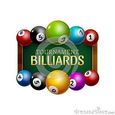 Vector Billiard challenge poster. 3d realistic balls on billiard table with lamp. Flyer design cover championship Vector Illustration