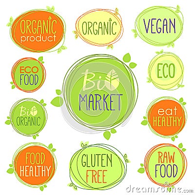 Vector bio icon set of labels, stamps or stickers with signs - Bio market, gluten free, organic product, vegan, food healthy, eat Stock Photo