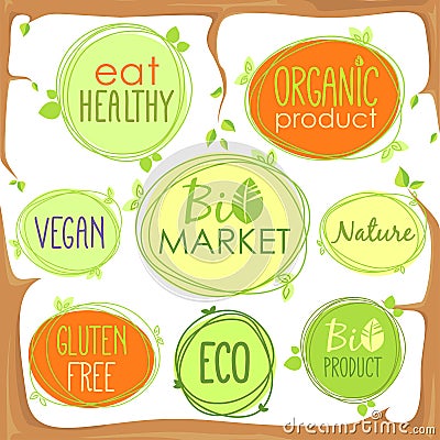 Vector bio icon set in tree branches of labels, stamps or stickers with signs - Bio market, gluten free, organic product, vegan, Stock Photo