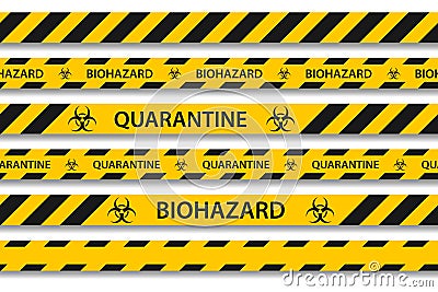 Vector biohazard danger yellow black seamless tape set isolated on white background. Safety fencing ribbon. Quarantine flu. Vector Illustration