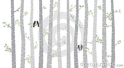 Vector Birch or Aspen Trees with Autumn Leaves and Love Birds Vector Illustration