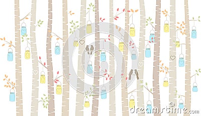 Vector Birch or Aspen Trees with Hanging Mason Jars and Love Birds Vector Illustration
