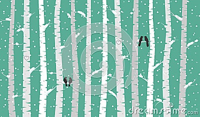 Vector Birch or Aspen Trees with Snow and Love Birds Vector Illustration