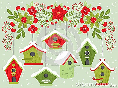 Vector Birdhouses Hanging from Floral Christmas Branch Vector Illustration