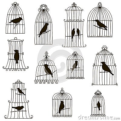 Vector birds in cages silhouettes Vector Illustration