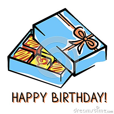 Vector birthday card with a box of chocolates hand-drawn on white background Stock Photo