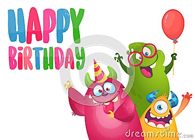 Vector birthday card with cute funny monsters in cartoon style. Vector Illustration