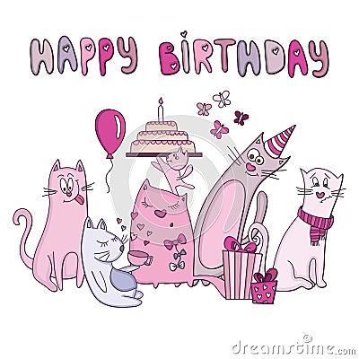 Vector birthday card with funny cats Vector Illustration