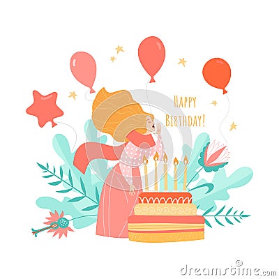 Vector birthday card template with cake and candles and cute cartoon girl on a background of flowers Vector Illustration