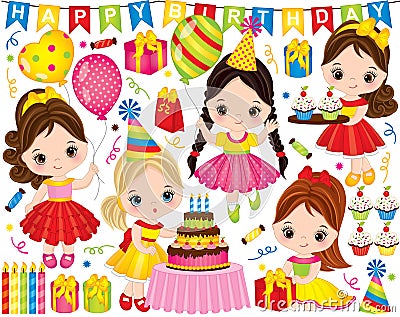 Vector Birthday Set with Cute Little Girls and Party Elements Vector Illustration