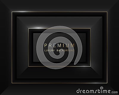 Vector black abstract rectangular luxury frame. Premium label dark design faceted background. Golden line frame. Tech layered Vector Illustration