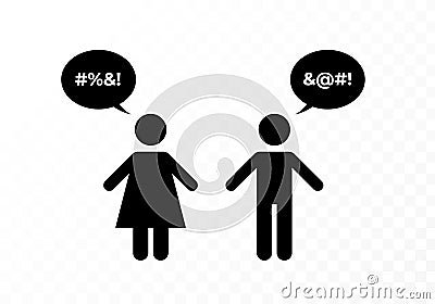 Vector black bad speech language people icon i0llustration. Man and woman couple with censored talk bubble chat isolated on Stock Photo