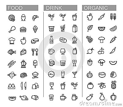 Vector black beverage, food, kitchen icons set Vector Illustration