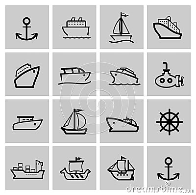 Vector black boat and ship icons set Vector Illustration