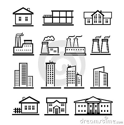 Vector black buildings and factories icons set Vector Illustration