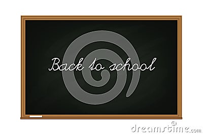 Vector black chalk board with wooden frame and message Back to school isolated on white background Vector Illustration