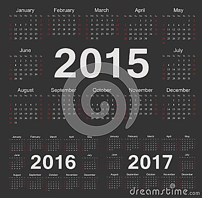 Vector black circle calendars 2015, 2016, 2017 Vector Illustration