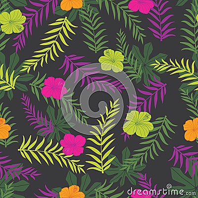 Vector black and colourful tropical plants seamless pattern background. Perfect for fabric, scrapbooking, wallpaper projects Stock Photo