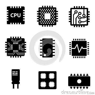 Vector black CPU microprocessor and chips icons set Stock Photo
