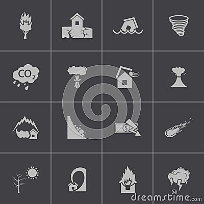 Vector black disaster icons set Vector Illustration