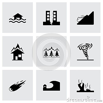 Vector black disaster icons set Vector Illustration