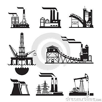 Vector black factory icons set on gray Vector Illustration