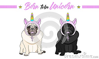 Vector black and fawn pug puppy dogs sitting down, wearing pink bonnet with unicorn horn with rainbow colors Vector Illustration