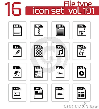 Vector black file type icons set Vector Illustration