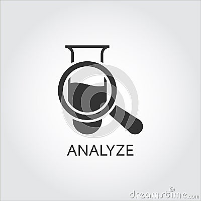 Vector black flat icon analyze, diagnosis as tube and magnifier. Vector Illustration