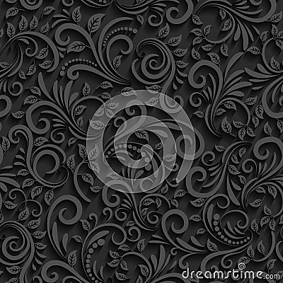 Vector black floral seamless pattern with shadow Vector Illustration