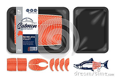 Vector black foam tray sockeye salmon packaging illustration Vector Illustration