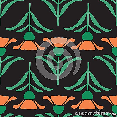 Vector Black Folk Style Floral seamless pattern background Vector Illustration