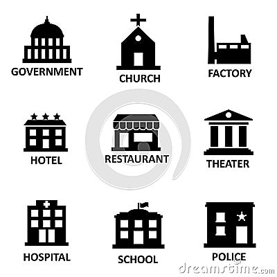 Vector black government building icons set Stock Photo