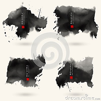 Vector black gray color brush strokes set. Watercolor monochrome Grunge isolated elements Vector Illustration