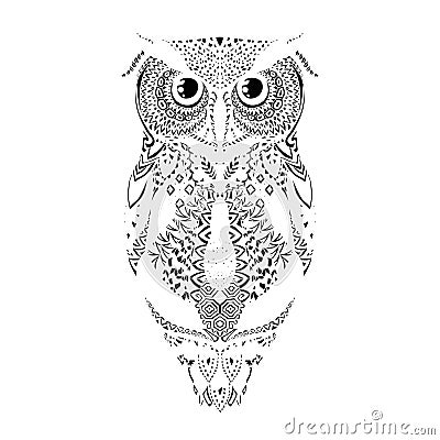 Vector black hand drawn tribal patterned Owl Illustration Vector Illustration