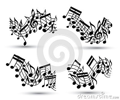 Vector black jolly wavy staves with musical notes on white background, decorative set of musical notation symbols. Vector Illustration