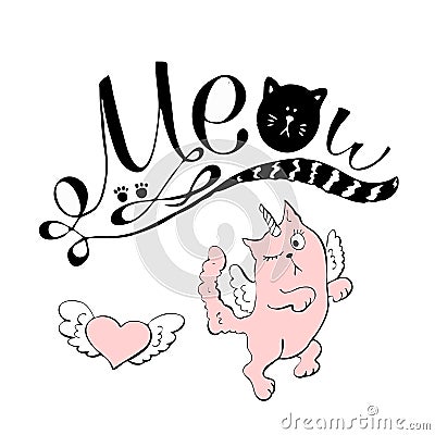 Vector black lettering Meow with cute cat paw print. Vector Illustration