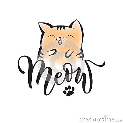 Vector black lettering Meow with cute smiling cat Stock Photo