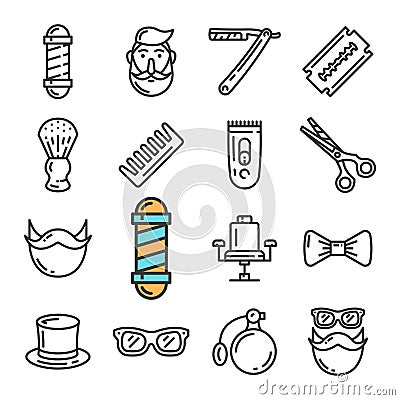 Vector black line Barber Shop icons set. Includes such Icons as Pole, Chair, Hipster, Razor. Vector Illustration
