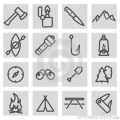Vector black line camping icons set Stock Photo