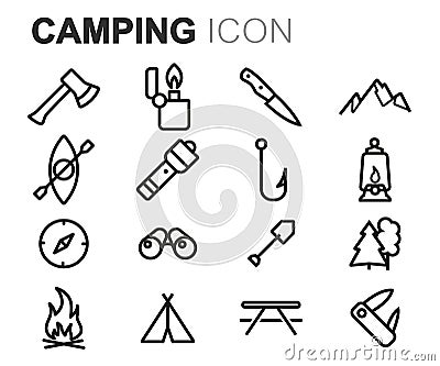 Vector black line camping icons set Stock Photo