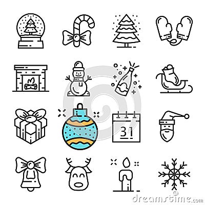 Vector black line Christmas and New Year icons set. Includes such Icons as Snowman, Mittens, Snow, Gift, Fireplace. Vector Illustration