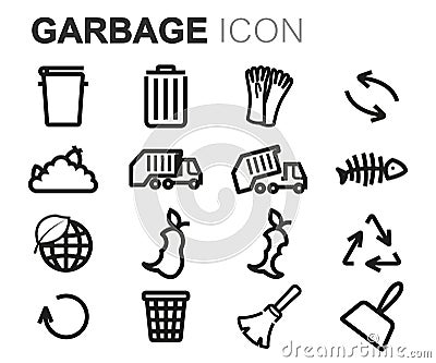 Vector black line garbage icons set Stock Photo