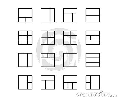 Vector black line icon set grid layout. Website element sign application guide menu and drafting template concept. Guideline Vector Illustration