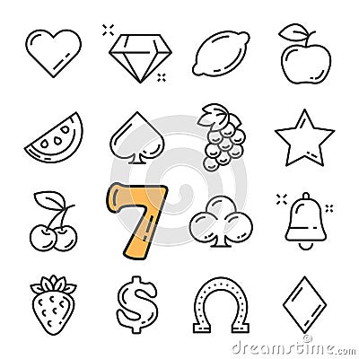 Vector black line Slot Machine and Casino icons set. Includes such Icons as Diamond, Fruits, Dollar. Vector Illustration