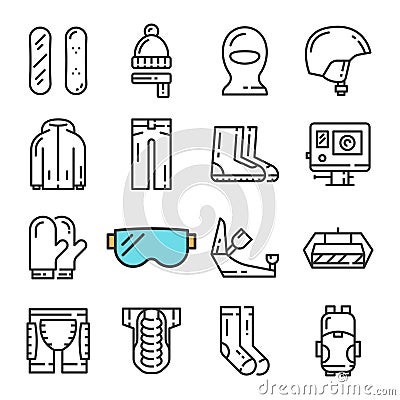 Vector black line Snowboarding icons set. Includes such Icons as Snowboard, Armor, Web Camera, Balaclava. Vector Illustration