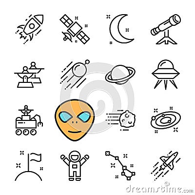 Vector black line Space icons set. Cosmonaut, Rocket, UFO, Satellite, Steroid. Vector Illustration
