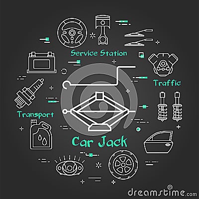 Vector black linear banner of car jack Vector Illustration